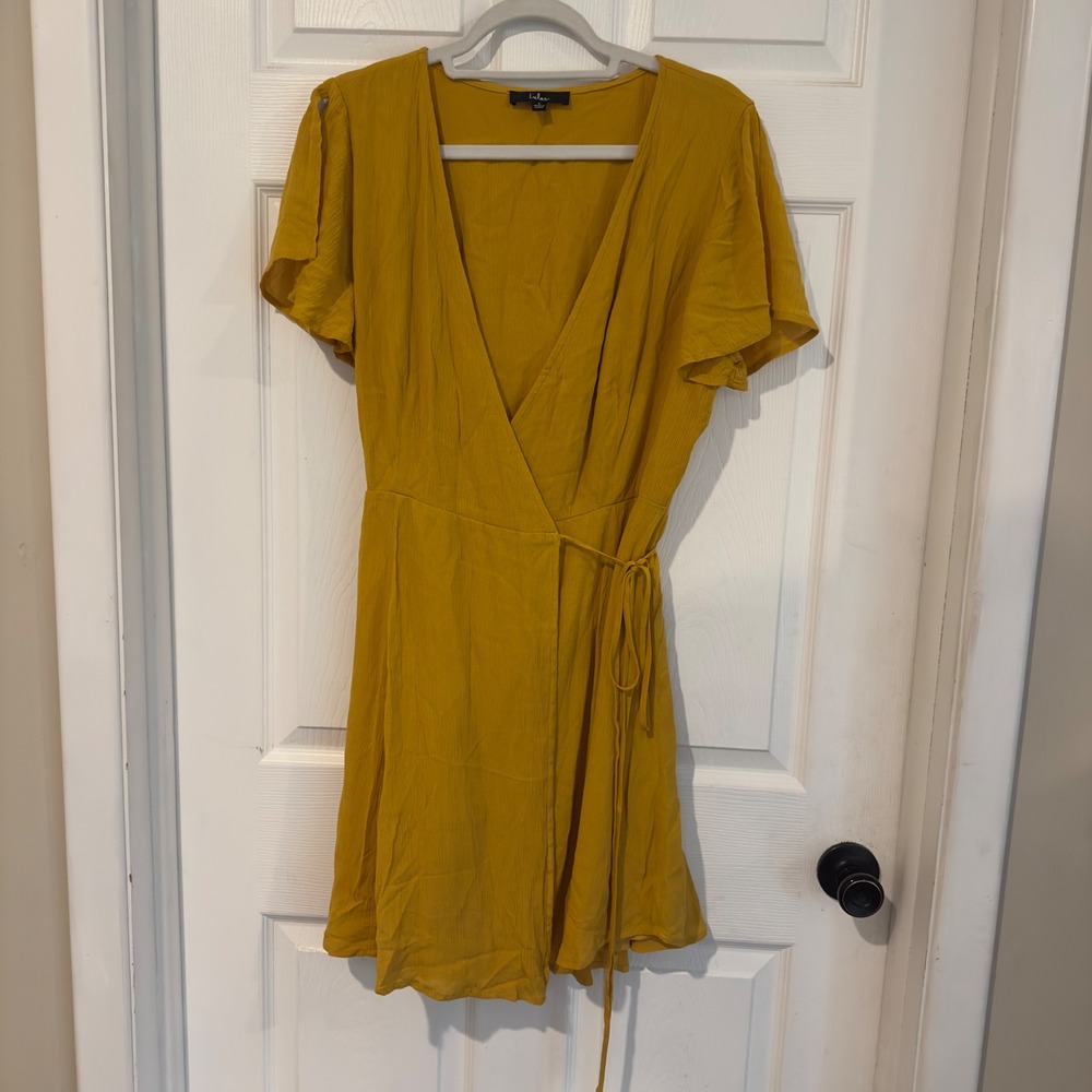 Lulus Mustard Yellow Wrap Mini Dress Short Split Flutter Sleeve L Golden Hour